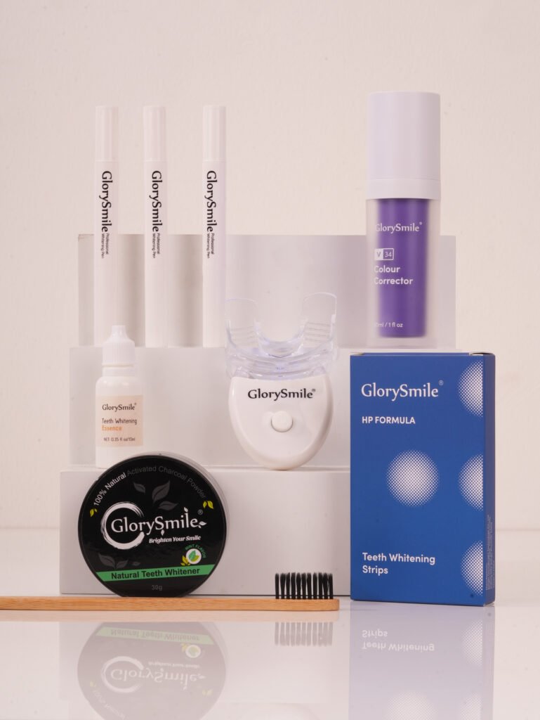 The Glory Smile Full Package: LED whitening kit, whitening strips, V34 colour corrector, whitening essence and charcoal powder